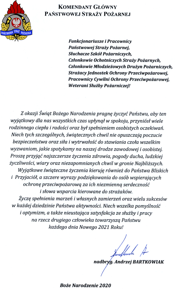yczenia Komendanta Głównego PSP z okazji Świąt Bożego Narodzenia 2020 i Nowego 2021 Roku
