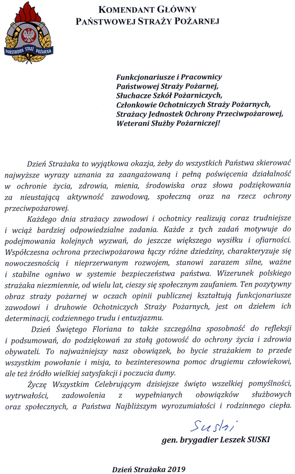 yczenia Komendanta Głównego z okazji Dnia Strażaka 2019